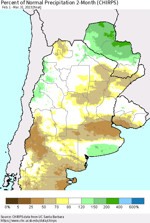 Southern South America Percent of Normal Precipitation 2-Month (CHIRPS) Thematic Map For 2/1/2023 - 3/31/2023