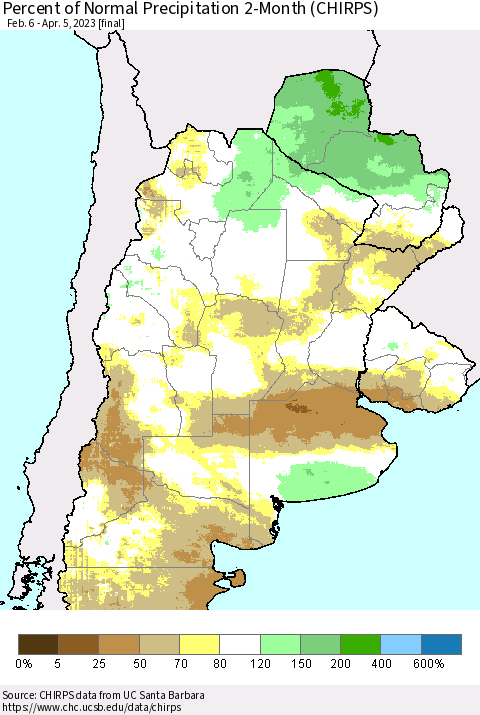 Southern South America Percent of Normal Precipitation 2-Month (CHIRPS) Thematic Map For 2/6/2023 - 4/5/2023
