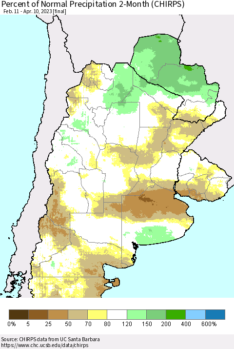Southern South America Percent of Normal Precipitation 2-Month (CHIRPS) Thematic Map For 2/11/2023 - 4/10/2023