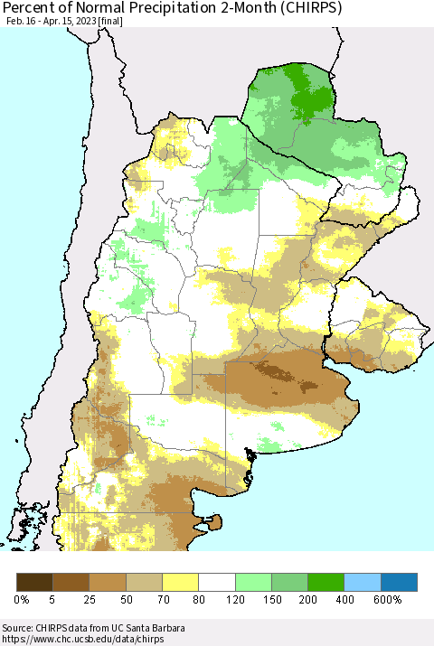 Southern South America Percent of Normal Precipitation 2-Month (CHIRPS) Thematic Map For 2/16/2023 - 4/15/2023