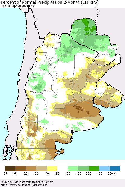 Southern South America Percent of Normal Precipitation 2-Month (CHIRPS) Thematic Map For 2/21/2023 - 4/20/2023