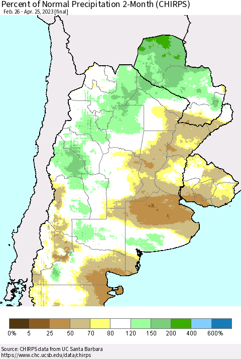 Southern South America Percent of Normal Precipitation 2-Month (CHIRPS) Thematic Map For 2/26/2023 - 4/25/2023