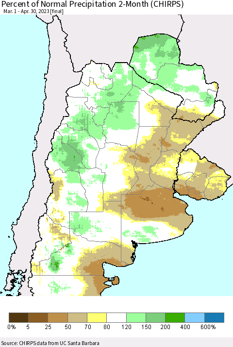 Southern South America Percent of Normal Precipitation 2-Month (CHIRPS) Thematic Map For 3/1/2023 - 4/30/2023