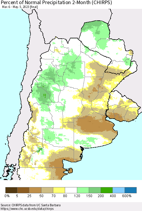 Southern South America Percent of Normal Precipitation 2-Month (CHIRPS) Thematic Map For 3/6/2023 - 5/5/2023