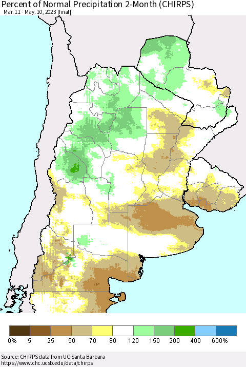 Southern South America Percent of Normal Precipitation 2-Month (CHIRPS) Thematic Map For 3/11/2023 - 5/10/2023
