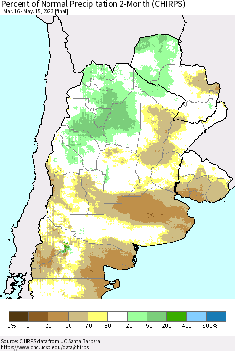 Southern South America Percent of Normal Precipitation 2-Month (CHIRPS) Thematic Map For 3/16/2023 - 5/15/2023