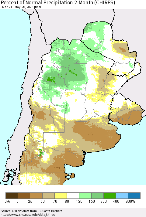 Southern South America Percent of Normal Precipitation 2-Month (CHIRPS) Thematic Map For 3/21/2023 - 5/20/2023