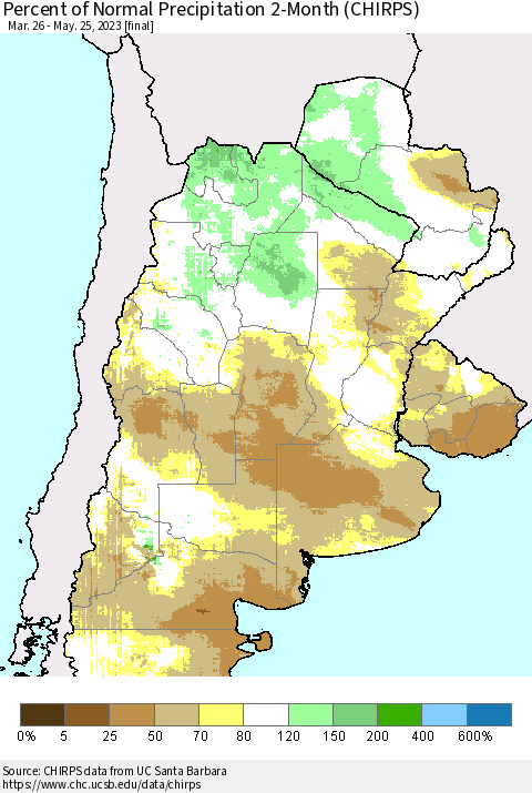 Southern South America Percent of Normal Precipitation 2-Month (CHIRPS) Thematic Map For 3/26/2023 - 5/25/2023