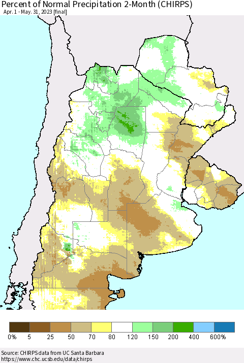 Southern South America Percent of Normal Precipitation 2-Month (CHIRPS) Thematic Map For 4/1/2023 - 5/31/2023