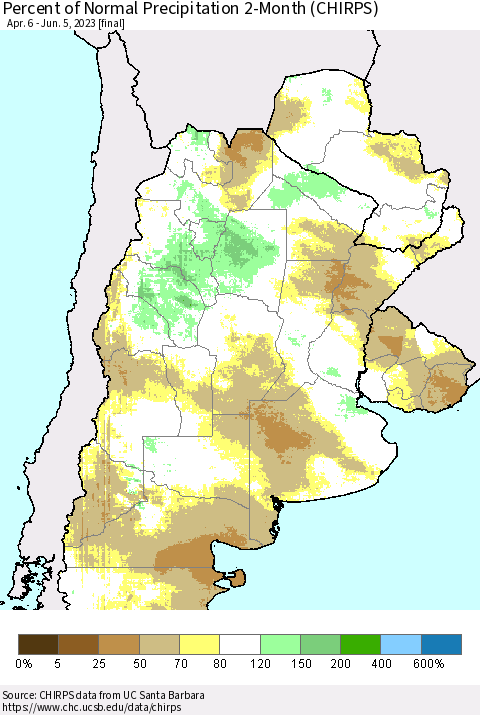 Southern South America Percent of Normal Precipitation 2-Month (CHIRPS) Thematic Map For 4/6/2023 - 6/5/2023