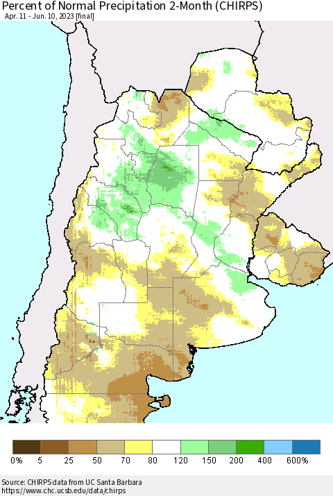 Southern South America Percent of Normal Precipitation 2-Month (CHIRPS) Thematic Map For 4/11/2023 - 6/10/2023