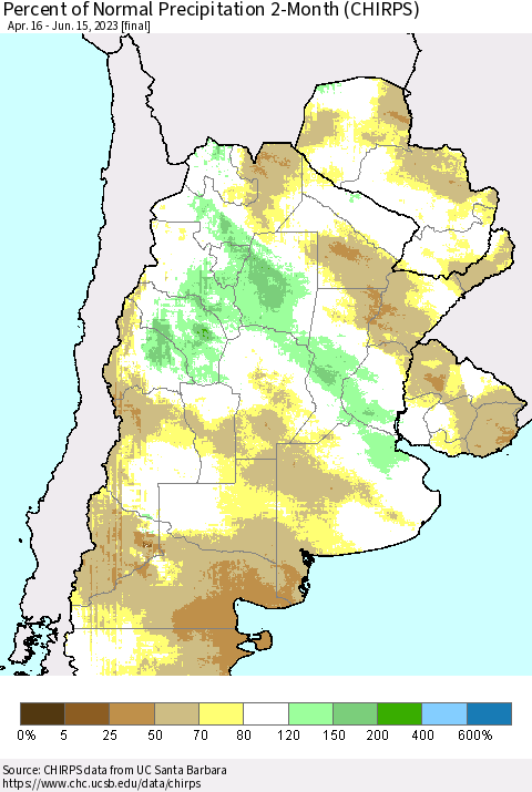 Southern South America Percent of Normal Precipitation 2-Month (CHIRPS) Thematic Map For 4/16/2023 - 6/15/2023