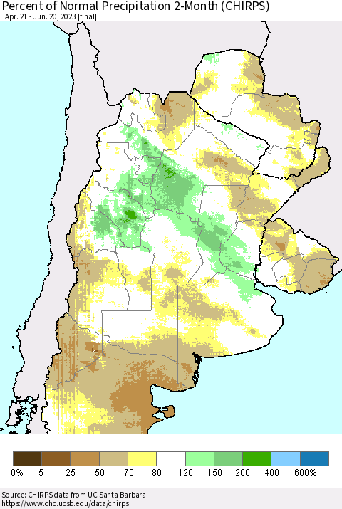 Southern South America Percent of Normal Precipitation 2-Month (CHIRPS) Thematic Map For 4/21/2023 - 6/20/2023