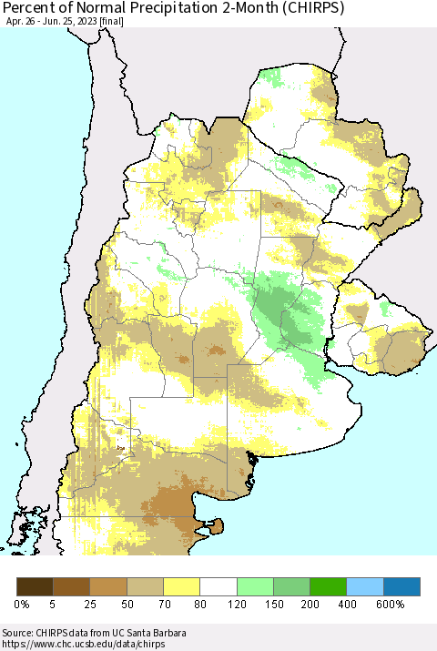 Southern South America Percent of Normal Precipitation 2-Month (CHIRPS) Thematic Map For 4/26/2023 - 6/25/2023