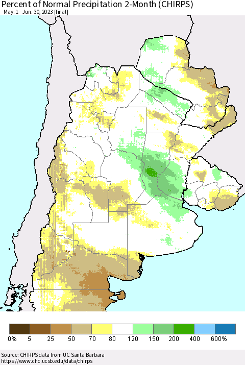 Southern South America Percent of Normal Precipitation 2-Month (CHIRPS) Thematic Map For 5/1/2023 - 6/30/2023