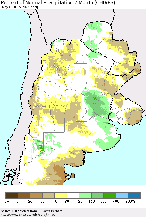 Southern South America Percent of Normal Precipitation 2-Month (CHIRPS) Thematic Map For 5/6/2023 - 7/5/2023