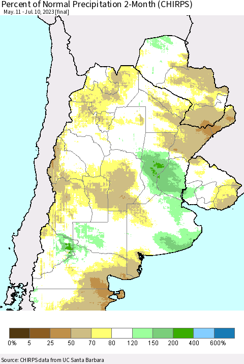 Southern South America Percent of Normal Precipitation 2-Month (CHIRPS) Thematic Map For 5/11/2023 - 7/10/2023