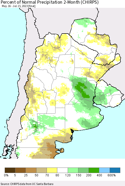 Southern South America Percent of Normal Precipitation 2-Month (CHIRPS) Thematic Map For 5/16/2023 - 7/15/2023