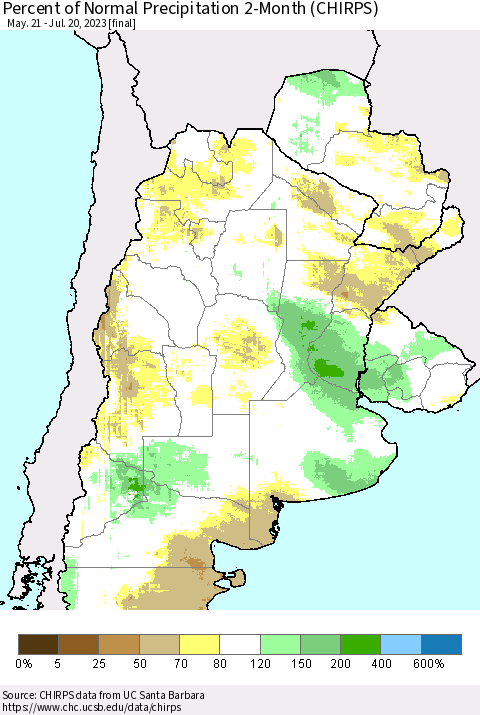 Southern South America Percent of Normal Precipitation 2-Month (CHIRPS) Thematic Map For 5/21/2023 - 7/20/2023