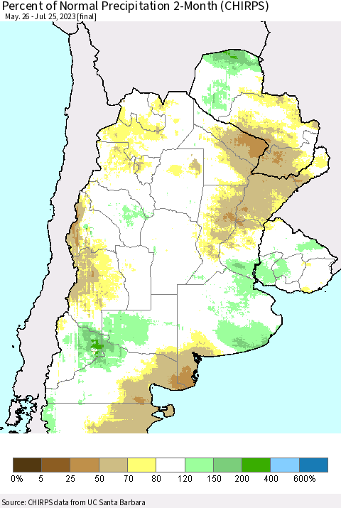 Southern South America Percent of Normal Precipitation 2-Month (CHIRPS) Thematic Map For 5/26/2023 - 7/25/2023