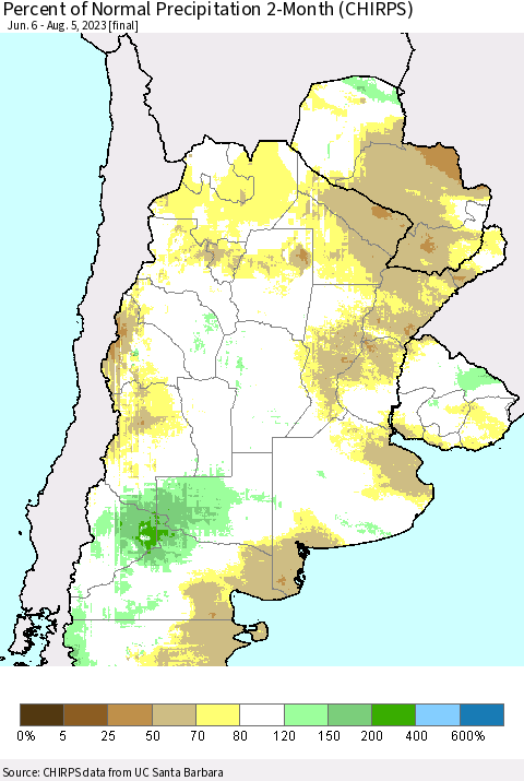 Southern South America Percent of Normal Precipitation 2-Month (CHIRPS) Thematic Map For 6/6/2023 - 8/5/2023