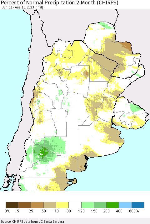 Southern South America Percent of Normal Precipitation 2-Month (CHIRPS) Thematic Map For 6/11/2023 - 8/10/2023