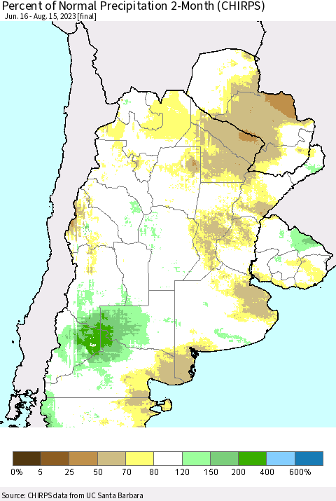Southern South America Percent of Normal Precipitation 2-Month (CHIRPS) Thematic Map For 6/16/2023 - 8/15/2023