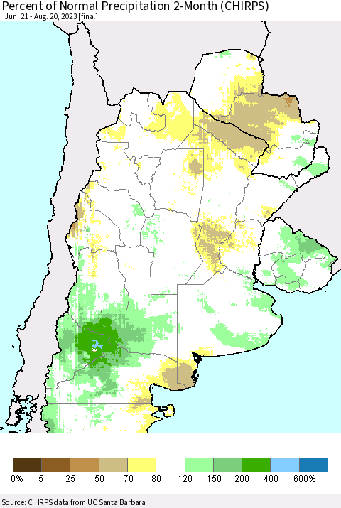 Southern South America Percent of Normal Precipitation 2-Month (CHIRPS) Thematic Map For 6/21/2023 - 8/20/2023