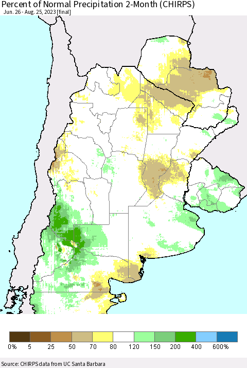 Southern South America Percent of Normal Precipitation 2-Month (CHIRPS) Thematic Map For 6/26/2023 - 8/25/2023