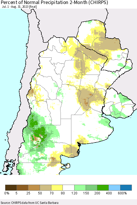 Southern South America Percent of Normal Precipitation 2-Month (CHIRPS) Thematic Map For 7/1/2023 - 8/31/2023