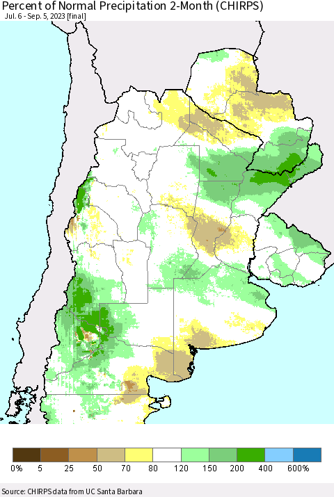 Southern South America Percent of Normal Precipitation 2-Month (CHIRPS) Thematic Map For 7/6/2023 - 9/5/2023