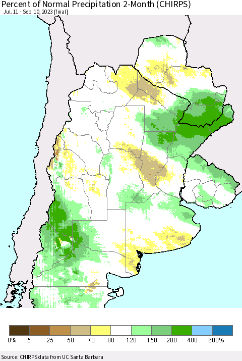 Southern South America Percent of Normal Precipitation 2-Month (CHIRPS) Thematic Map For 7/11/2023 - 9/10/2023