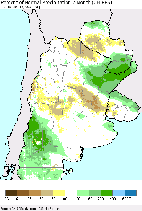 Southern South America Percent of Normal Precipitation 2-Month (CHIRPS) Thematic Map For 7/16/2023 - 9/15/2023