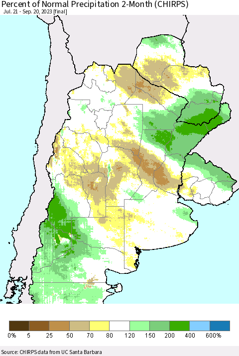 Southern South America Percent of Normal Precipitation 2-Month (CHIRPS) Thematic Map For 7/21/2023 - 9/20/2023