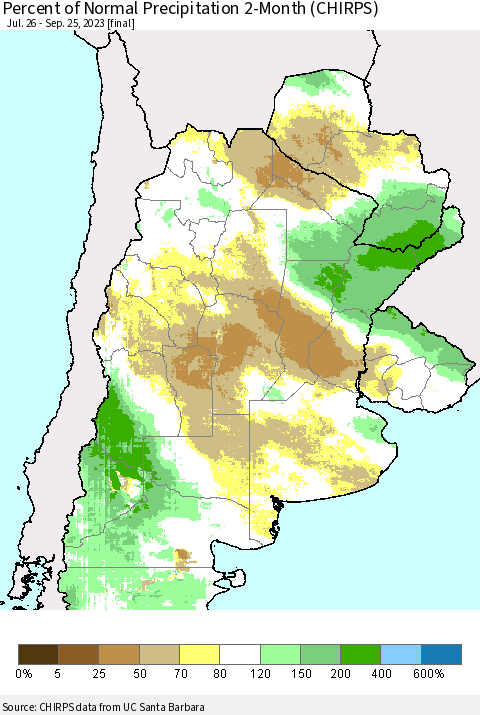 Southern South America Percent of Normal Precipitation 2-Month (CHIRPS) Thematic Map For 7/26/2023 - 9/25/2023
