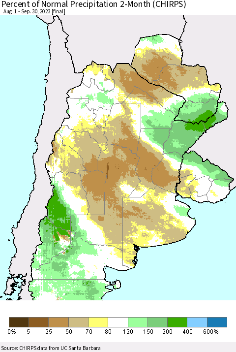 Southern South America Percent of Normal Precipitation 2-Month (CHIRPS) Thematic Map For 8/1/2023 - 9/30/2023