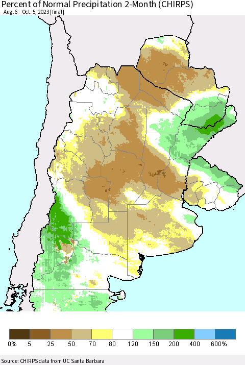 Southern South America Percent of Normal Precipitation 2-Month (CHIRPS) Thematic Map For 8/6/2023 - 10/5/2023