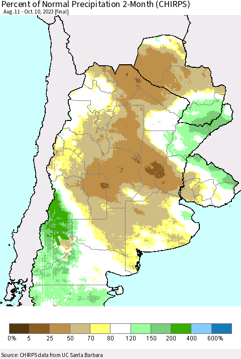 Southern South America Percent of Normal Precipitation 2-Month (CHIRPS) Thematic Map For 8/11/2023 - 10/10/2023