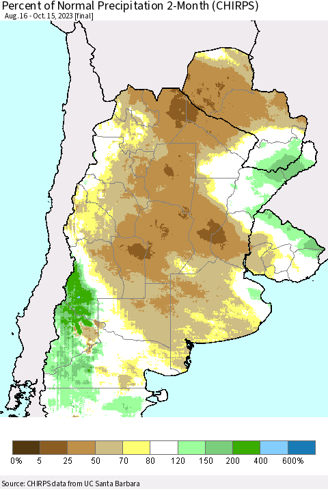 Southern South America Percent of Normal Precipitation 2-Month (CHIRPS) Thematic Map For 8/16/2023 - 10/15/2023