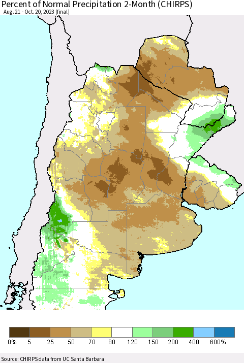 Southern South America Percent of Normal Precipitation 2-Month (CHIRPS) Thematic Map For 8/21/2023 - 10/20/2023