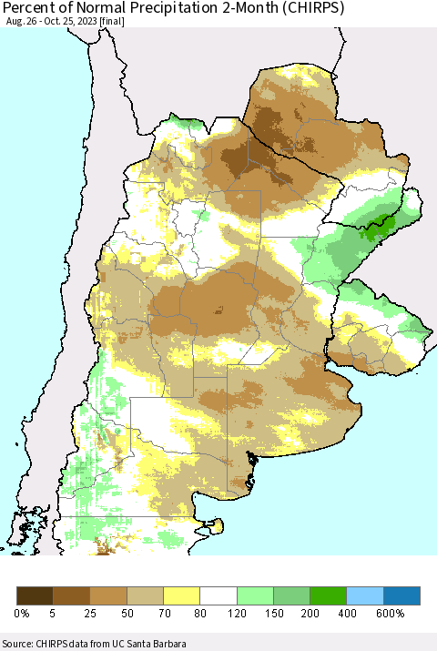 Southern South America Percent of Normal Precipitation 2-Month (CHIRPS) Thematic Map For 8/26/2023 - 10/25/2023