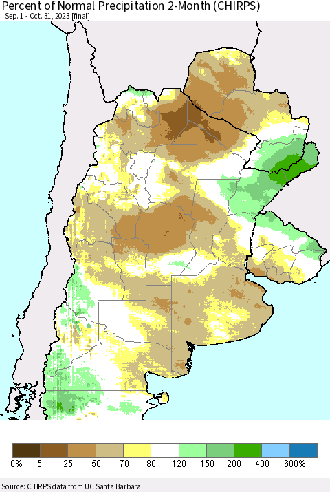 Southern South America Percent of Normal Precipitation 2-Month (CHIRPS) Thematic Map For 9/1/2023 - 10/31/2023