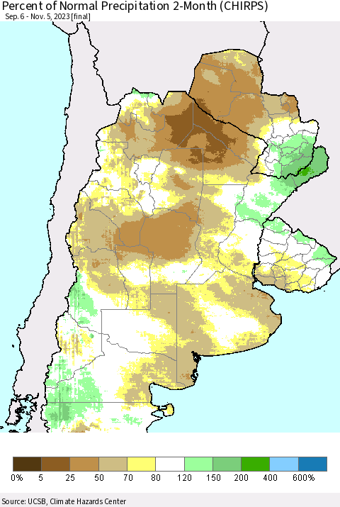 Southern South America Percent of Normal Precipitation 2-Month (CHIRPS) Thematic Map For 9/6/2023 - 11/5/2023