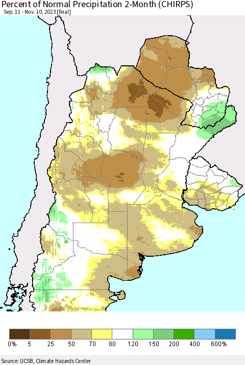Southern South America Percent of Normal Precipitation 2-Month (CHIRPS) Thematic Map For 9/11/2023 - 11/10/2023