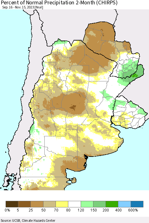 Southern South America Percent of Normal Precipitation 2-Month (CHIRPS) Thematic Map For 9/16/2023 - 11/15/2023