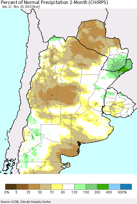 Southern South America Percent of Normal Precipitation 2-Month (CHIRPS) Thematic Map For 9/21/2023 - 11/20/2023