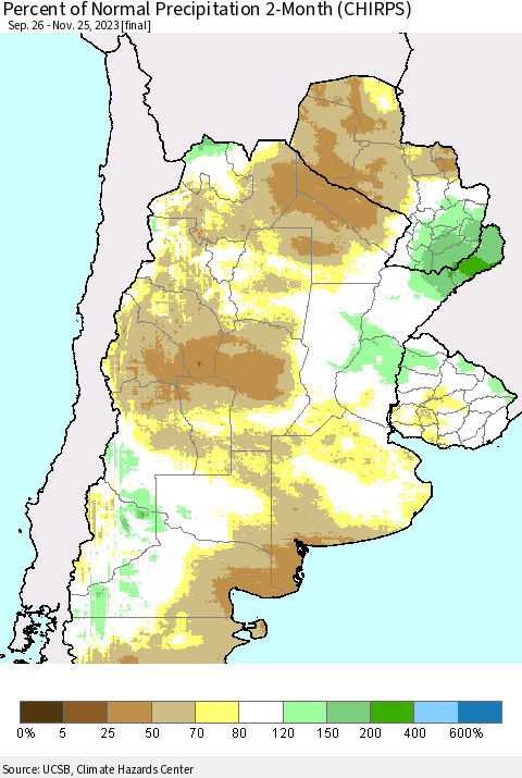 Southern South America Percent of Normal Precipitation 2-Month (CHIRPS) Thematic Map For 9/26/2023 - 11/25/2023
