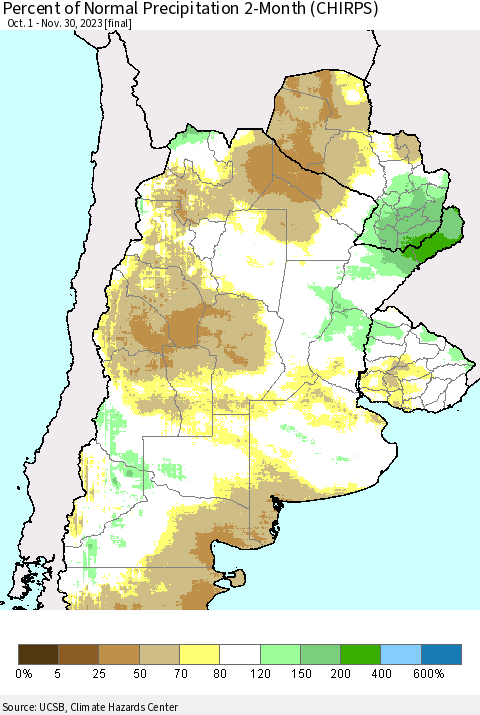 Southern South America Percent of Normal Precipitation 2-Month (CHIRPS) Thematic Map For 10/1/2023 - 11/30/2023