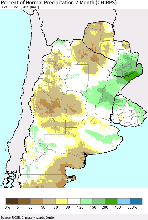 Southern South America Percent of Normal Precipitation 2-Month (CHIRPS) Thematic Map For 10/6/2023 - 12/5/2023