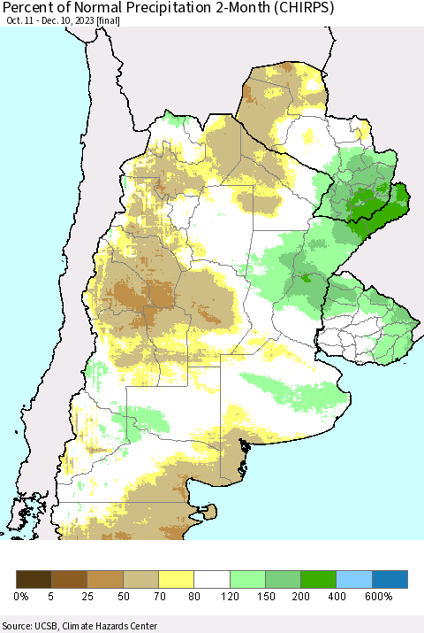Southern South America Percent of Normal Precipitation 2-Month (CHIRPS) Thematic Map For 10/11/2023 - 12/10/2023